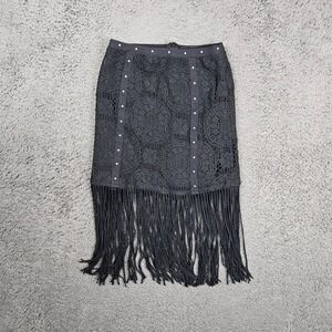 IDYLLWIND Black Crochet Fringe Midi Skirt XS TP‎ Studded Festival Boho